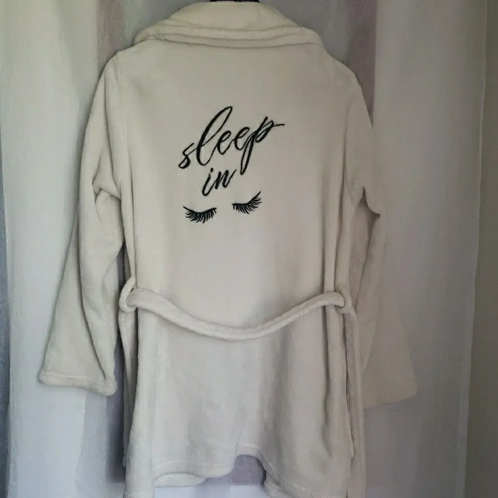 Sleep In White Robe Women's Short Fleece Belt Pockets *FLAW